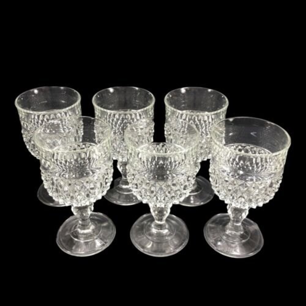 6ct 11 oz Indiana Glass DIAMOND POINT Clear Water Wine Goblet Glasses 6 1/2 in